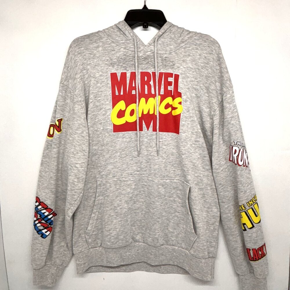 Marvel Comics Gray Hooded Sweatshirt with Graphics on Arms Men's Size Large